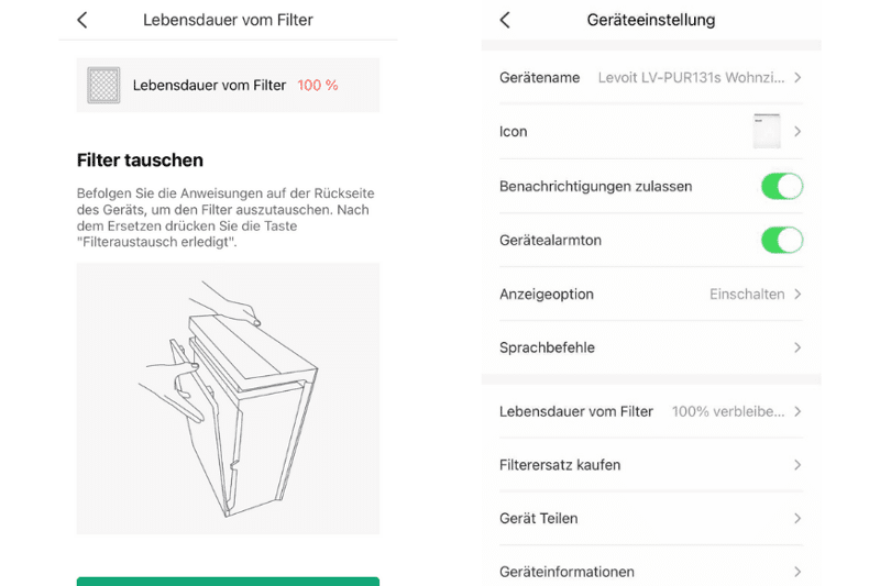 Anzeige zu Filterlebensdauer und Anleitung zum Wechseln der Filter sowie weitere Einstellungsmöglichkeiten